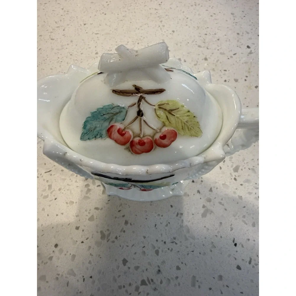 Westmoreland Milk Glass Beaded Painted Grape Cherry Covered Creamer Mid Century